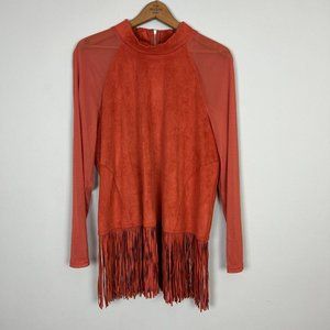Midnight Velvet Top Women XL Orange Faux Suede Fringe Mesh Long Sleeve Tunic New